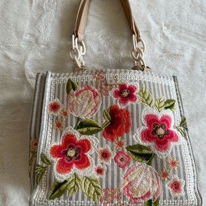 Spartina 449 Fleur de Vigne Tote Purse Floral Embroidery Logo Blue White RARE